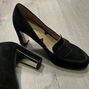 Suede stacked gold chrome heel penny loafer